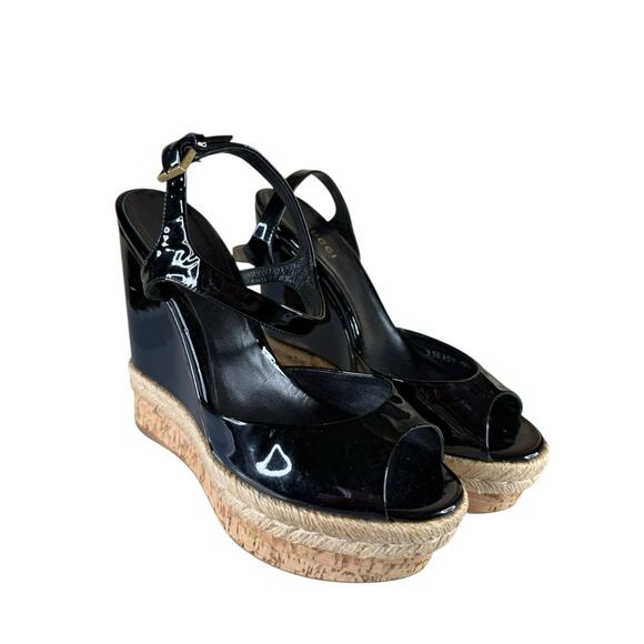 Gucci Black Patent Leather Platform Wedge Sandals Cork Sole EU 37 - Picture 5 of 11